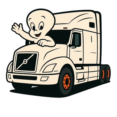 Remove the background, keep Casper the ghost driving the white semi truck in vibrant toon style, with transparent background. sticker