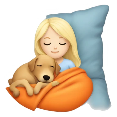 White blonde girl who sleeping peacefully with his orange dog in a bed with pillow and a blanket sticker