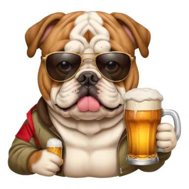 English bulldog wearing sunglasses holding a beer sticker
