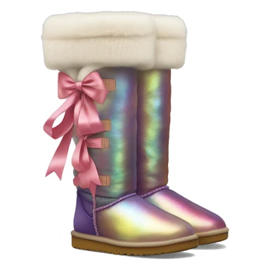Tall Pair of iridescent fur Ugg boots with silk ribbon bow. sticker