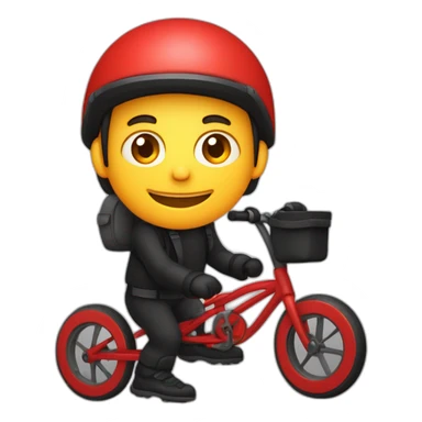 Jeune homme en tenue rouge sur un vélo noir vélo avec un sac tout rouge cubique, carré sticker