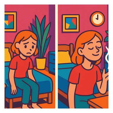 a girl in a bedroom, looking sad, then smelling a scent like from a candle or diffuser, her mood changing to relaxed, vibrant toon style sticker