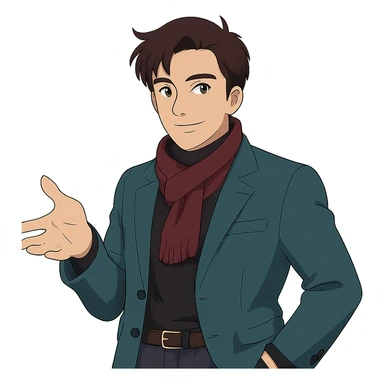 Dress the man in a more stylish, fashionable outfit in Ghibli style, with no background. sticker