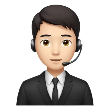 A young Asian man with smooth light skin, dark hair that swoops upward in the front, expressive eyes, a clean-shaven face, and a call-center style headset over one ear, usually paired with a crisp shirt and suit jacket visible from the chest up. sticker