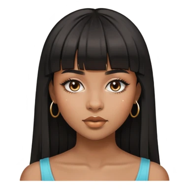 brownskin girl, beautiful girl, black straight hair with bangs above eyebrowns, nose piercing sticker