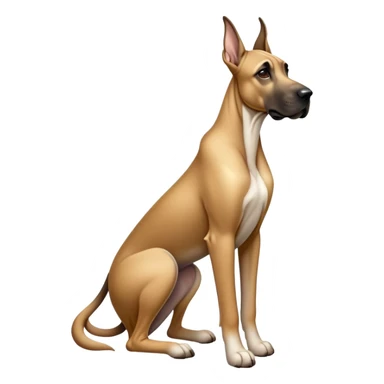 cinematic-[fawn great dane]-realistic-full-body-sitting-emoji,-tail-resting-loosely-beside-its-paws,-head-tilted-dramatically, ears down-sleek-[fawn]-fur,-simplified-yet-realistic-focused-features,-highly-detailed,-glowing-with-an-almost-sarcastic-glow sticker