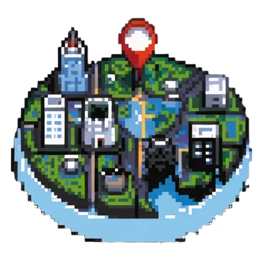 icon for municipality with a map pin and buildings sticker