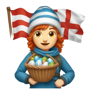 red hair female winter mountaineer offering red Easter basket and Greek flag sticker