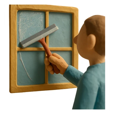 claymation style window being cleaned, visible fingerprints, pastel colors, squeegee sticker