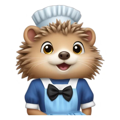 Hedgehog wearing a blue maid dress with a black bow and apron sticker