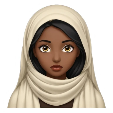 Apariencia: Mujer joven, morena, de gran belleza y porte misterioso.
-Rostro: Ojos grandes y negros, mirada intensa y fija; labios marcados.
-Cabello: Negro, largo y brillante, suele ir cubierto parcialmente por un velo o pañuelo oriental. sticker