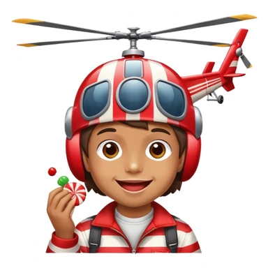 happy kid with helicopter hat eating a candy sticker