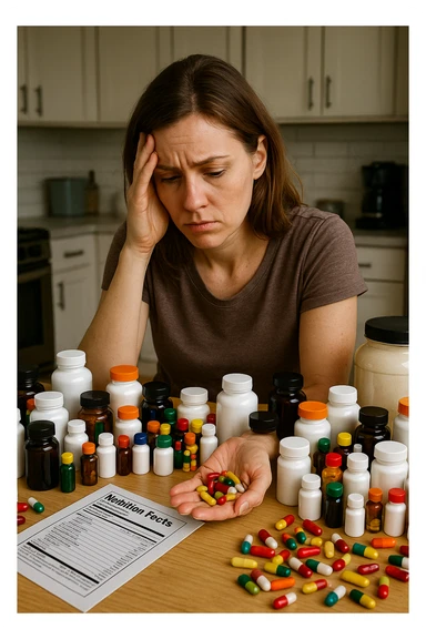 a woman in her 30s sits at her kitchen table, surrounded by dozens of supplement bottles, powders, and pills. She looks anxious and fatigued, with her head resting in one hand while the other holds a handful of colorful capsules. On the table, a nutrition chart is ignored, and her skin appears slightly dull or stressed. The mood is cautionary and educational. in italiano sticker