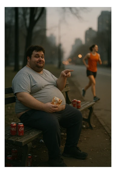 A cinematic urban scene showing an overweight man in his late 30s sitting on a park bench, with a fast food wrapper in one hand and a smirk on his face. He points mockingly toward a fit, athletic person jogging nearby. The man is wearing casual clothes that barely fit — a stretched-out T-shirt and sweatpants — and his posture is slouched. His expression is sarcastic, laughing, but there’s a subtle shadow of insecurity in his eyes. The contrast is clear: the jogger is framed in soft morning light, moving with energy and purpose, while the man on the bench is surrounded by clutter, soda cans, and dim, flat lighting. Shot in 35mm cinematic style, shallow depth of field, with muted tones around the man and vibrant light around the jogger — emphasizing the disconnect between appearance and attitude. sticker