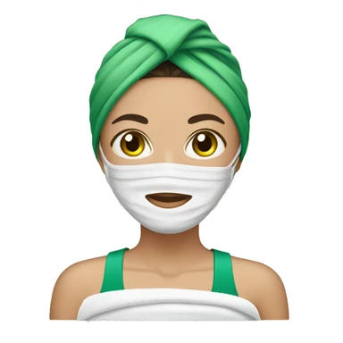 Woman with dark hair wearing spa head towel and green face mask sticker