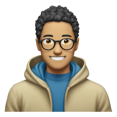 saitama in his 20s smiling wearing glasses and blue hoodie sticker