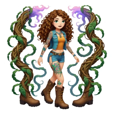 full body view of a woman with long curly brown hair, brown eyes, white skin, tattoos, walking forward through psychedelic fog, glowing vines wrapping around her boots sticker