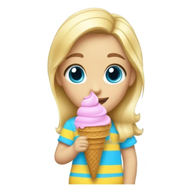 Girl with blonde hair, blue eyes, yellow striped shirt, holding vanilla ice cream cone sticker