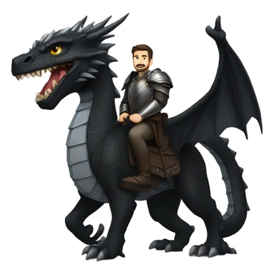 Confident armored White Man with dark brown hair and a short beard riding on the back of a giant armored black dragon sticker
