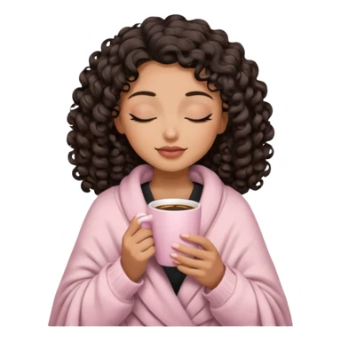 woman with medium tan sand tone, black mid length 3b curls, closed eyes, feminine face, holding soft pink coffee cup with beige blanket over shoulders sticker