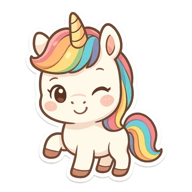 chibi sticker-style winking unicorn with a rainbow mane, cute and exaggerated sticker