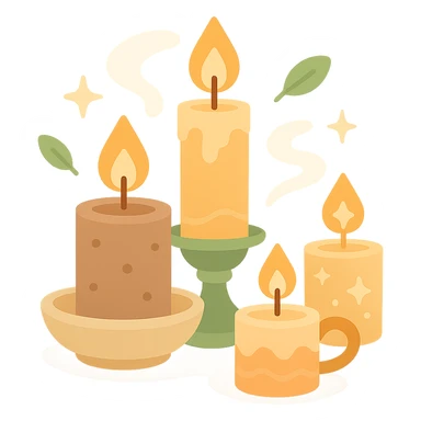Several cute, glowing candles with flickering flames, set in a cozy and magical atmosphere, designed in a soft color palette: golden orange (FA9B41), deep forest green (4A7C5C), warm taupe brown (96775A), and pastel peach (FFCC9A). The candles are in delicate, slightly vintage holders, with the flames casting a gentle, warm glow. The wax is in shades of golden orange and peach, with subtle gradients, and small decorative patterns or tiny sparkles around them. The soft light from the candles creates a dreamy, enchanting ambiance, surrounded by tiny floating leaves or soft mist. The overall mood is serene, inviting, and magical. sticker