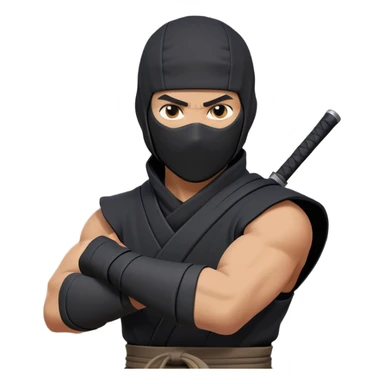 clash-of-clans-aesthetic_-cinematic-mysterious-male-ninja-portrait-emoji, rendered in a flat, vector-style with minimal shading and bold, simplified shapes, his arm is stretched out  with a head slightly turned revealing intense, focused eyes. the ninja has his arm out and perched on top of his forearm is  a black crow sticker