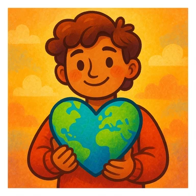 a character holding the Earth shaped like a heart, visually appealing style, vibrant colors, friendly and warm atmosphere sticker