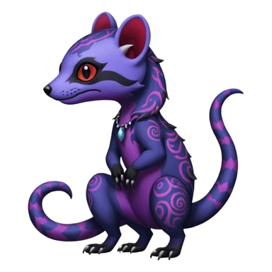 Rare warm-colored exotic gloomy tropical edgy cute epic aesthetic spooky indigo violet purple black red gothic colorful Salandit-Civet-species-Fakemon-hybrid-creature, with tribal tattoo markings, full body sticker