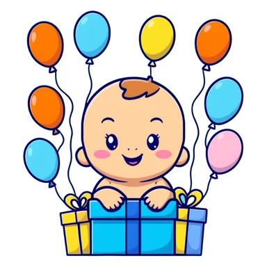 happy baby surrounded by pastel blue balloons and presents at birthday party sticker