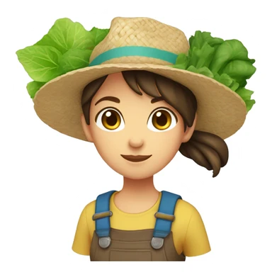farmer girl, light blue eyes, dark brown hair, with a straw hat, ponytail, holding greens in hand sticker
