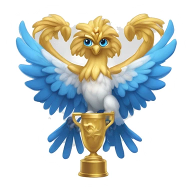 Un griffon blanc de la mythologie avec un bec bleu et des cheveux bleus et des yeux dorés qui porte un trophée  sticker