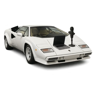 Lamborghini Countach with a laptop and recording microphone on the hood sticker