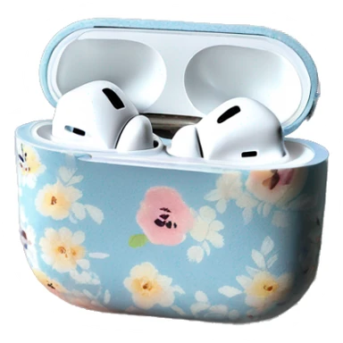 AirPods Pro in floral case with white and pastel blue roses pattern on the case sticker