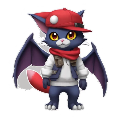 Cool Anthro Noibat-Zangoose-Quilava-Litten-Sphynx-Feline-Pokémon with red scarf collar punk techwear cool fiddler-hat Full Body sticker
