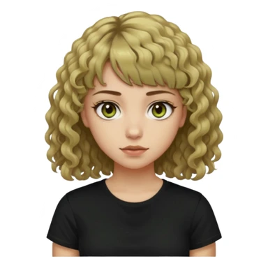 young woman wearing a black t shirt with curly dirty blonde hair, straight bangs, and hazel green & brown eyes. She is a daughter of Hades and has powers over darkness sticker