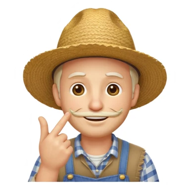 “A single emoji-style character combining 👨‍🌾😄 and 🤔: a smiling farmer man with a straw hat, friendly face, and light beard, holding one hand under his chin in a thinking gesture. His index finger rests under his face, eyes looking slightly upward as if thinking.  sticker