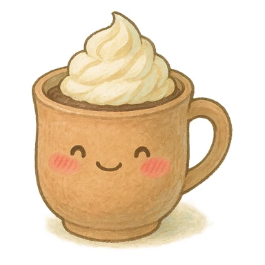 a cup of cocoa with whipped cream, Japanese soft pastel hand-drawn style, full object, transparent background, with blushing cheeks sticker