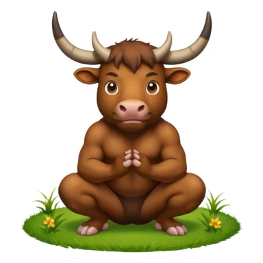 Bull with horns squatting while brown substance lays on grass behind him, between his legs sticker
