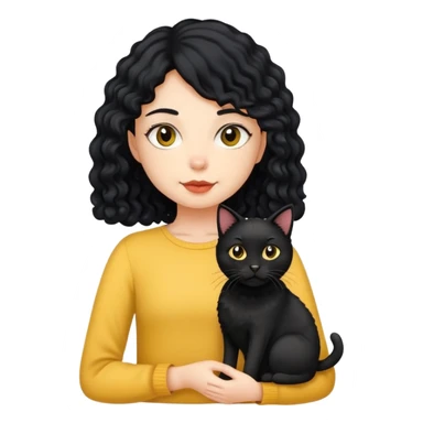 A girl with long black hair is holding a black cat, a yellow short-haired cat, and a curly-haired dog sticker