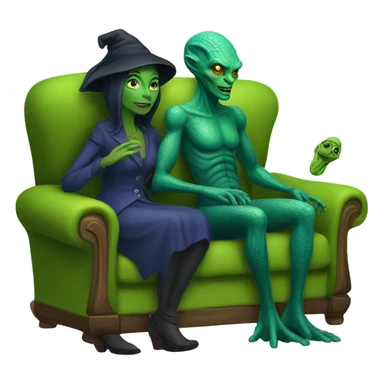 alien reptilian woman as witch, human man in blue, sitting on a couch  sticker
