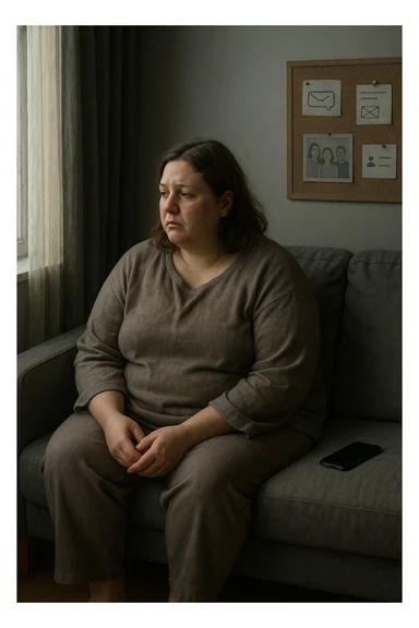 Donna tra i 30 e i 40 anni seduta sola su un divano, con espressione malinconica e corpo visibilmente appesantito. Indossa abiti larghi, avvolgenti, e guarda fuori dalla finestra mentre il telefono è spento o con notifiche ignorate accanto a lei. Sullo sfondo, si notano segnali di vita sociale assente: messaggi non letti, inviti ignorati, foto di gruppo a cui non partecipa. L’atmosfera è silenziosa, con luce grigia e ambiente spento. Intorno a lei, simboli di ritiro e insicurezza: tende chiuse, specchio coperto, postura chiusa. Stile realistico, tono delicato ed emotivo sticker