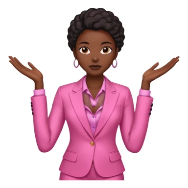 Darkskin black woman wearing a pink suit with a silk press sticker