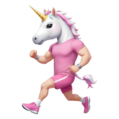 friendly anthropomorphised male white unicorn with a fit, chunky, muscular and strong physique, arms and legs matching the white of the head, in grey shorts and pink t-shirt, wearing dark sunglasses, jogging upright in a relaxed pose sticker