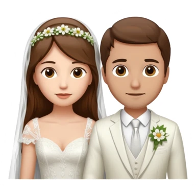 Woman with long brown hair and fair skin wearing a wedding dress and veil. And a man with short brown hair and fair skin wearing a white suit with a flower. sticker