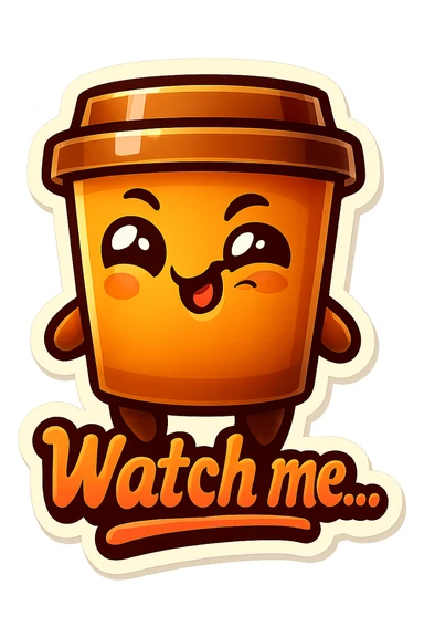 Tall coffee cup, giggling, mischievous eyes, "Watch me..." sticker