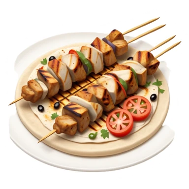 cinematic-realistic-souvlaki-dish-emoji,-showcasing-skewered,-grilled-chicken-with-mediterranean-spices-rendered-with-dynamic-textures-and-warm,-appetizing-lighting on pita bread on a plate sticker