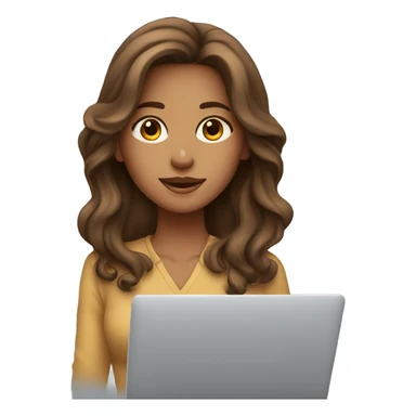 Girl with long semi-wavy brown hair and tan skin, working on macbook sticker