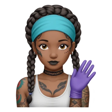big lose braids starting from the top of the head woman face wiith big visible braids and mono color headband on head  face and braids as big as headband and lots and lots of face tattoos colored tattoos like a tattoo artist sticker