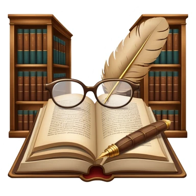 An icon featuring an open book with classic text, a feather quill, and reading glasses, symbolizing literary studies. The design includes old library shelves and vintage manuscripts in the background. Transparent background emphasizes the deep analysis of written works and literary history. sticker